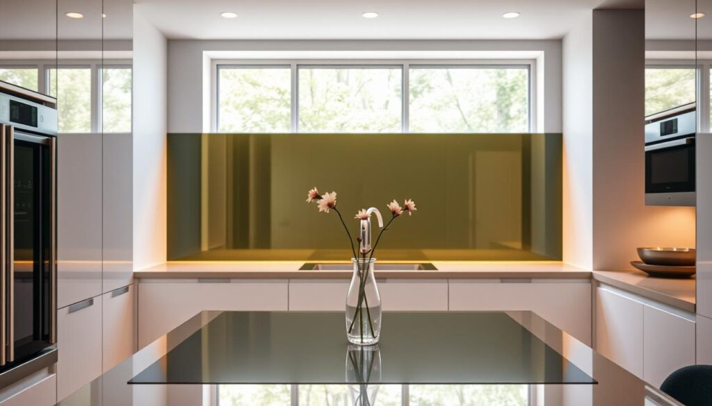 A modern kitchen interior with a sleek glass splashback in the foreground, reflecting the warm lighting and glistening stainless steel appliances. The glass panels, framed by minimalist white cabinetry, create a seamless, streamlined aesthetic. The middle ground features a clutter-free countertop, accentuated by a simple yet elegant vase of fresh flowers. In the background, a large window floods the space with natural daylight, casting a soft, diffused glow throughout the room. The overall mood is one of understated sophistication, highlighting the practical and stylish benefits of a glass kitchen splashback.