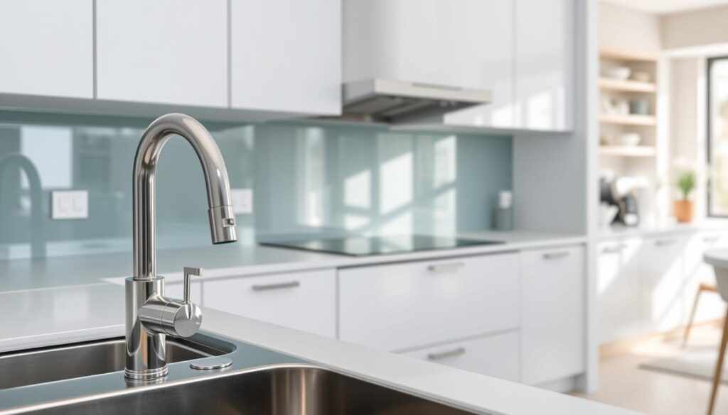 A modern kitchen interior with a sleek, polished glass backsplash reflecting the soft, diffused lighting and clean, minimalist cabinets. The glass surface catches the light, creating a sense of depth and luminosity. In the foreground, a stainless steel sink and chrome faucet complement the smooth, seamless glass panel. The middle ground features the glass backsplash, capturing the subtle textures and patterns within the material. In the background, a glimpse of a tidy, organized kitchen layout with a hint of natural light filtering in. The overall atmosphere is one of elegance, practicality, and a touch of contemporary sophistication.