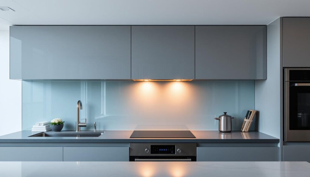 A modern kitchen with a sleek glass splashback, capturing the essence of minimalist design. The translucent surface reflects the warm, indirect lighting, creating a luminous and inviting atmosphere. The glass panels stretch from the countertop to the ceiling, providing a seamless, uninterrupted backdrop that effortlessly blends with the surrounding cabinetry and appliances. Subtle grey tones and clean lines give the space a sophisticated, contemporary feel, while the glass material adds a touch of elegance and highlights the kitchen's clean, streamlined aesthetic.
