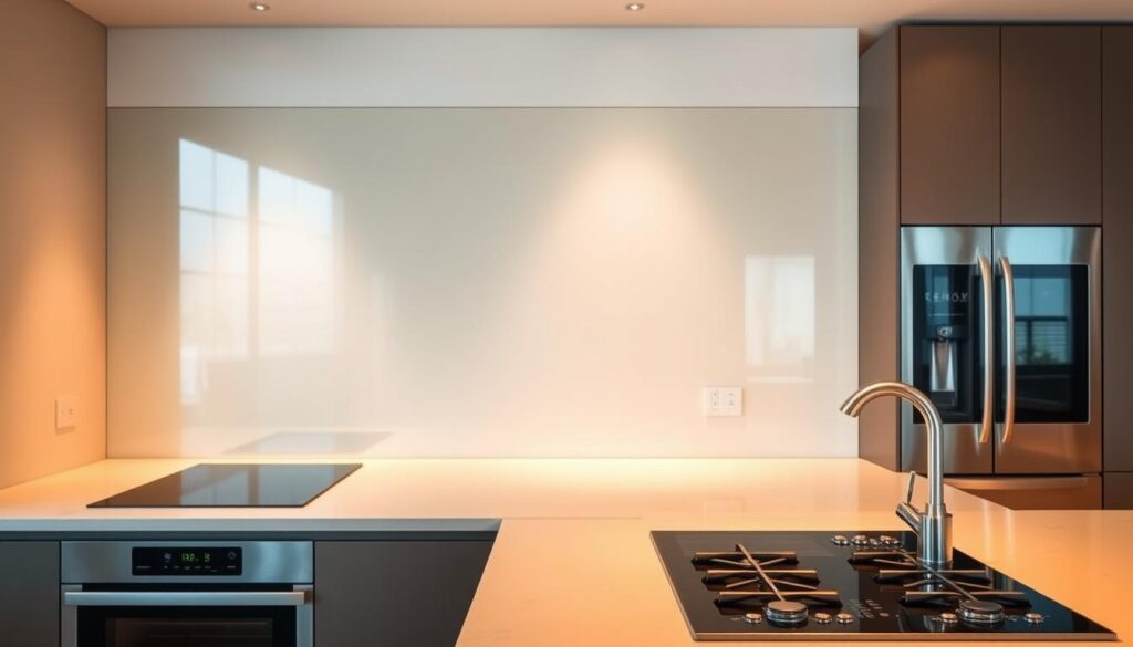 A modern kitchen with a sleek glass splashback, reflecting the warm lighting and stainless steel appliances. The glass surface is flawlessly smooth, catching the soft illumination and creating a sense of depth and elegance. The splashback spans the entire length of the countertop, providing a seamless, uninterrupted backdrop that effortlessly blends form and function. The kitchen exudes a refined, minimalist aesthetic, with the glass splashback serving as a focal point that elevates the overall design. The scene is captured in a wide, eye-level perspective, allowing the viewer to fully appreciate the harmonious integration of the glass splashback within the broader kitchen environment.
