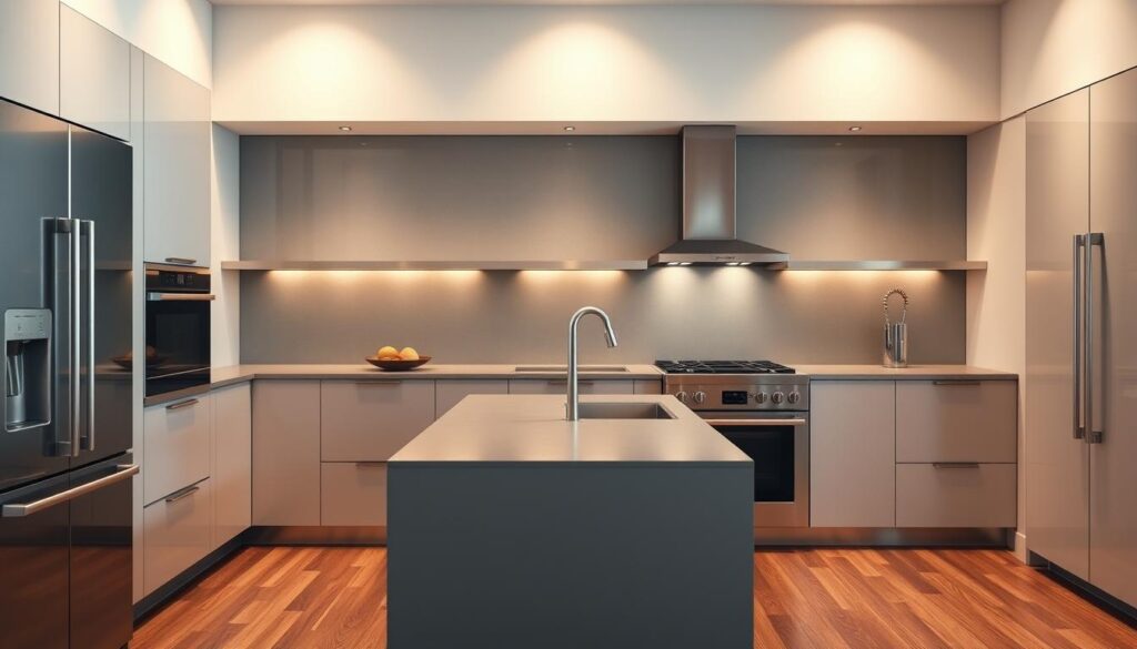 A modern kitchen with a sleek, minimalist design. The backsplash is made of a striking material that spans the entire wall, catching the light and creating a focal point. The surface is smooth and seamless, reflecting the gleam of the stainless steel appliances and the warmth of the hardwood floors. The lighting is soft and diffused, casting a warm glow that enhances the depth and texture of the backsplash material. The camera is positioned to capture the full expanse of the backsplash, showcasing its striking visual impact and highlighting the various options available for kitchen backsplashes, including glass, acrylic (PLEXIGLAS®), and aluminum composite.