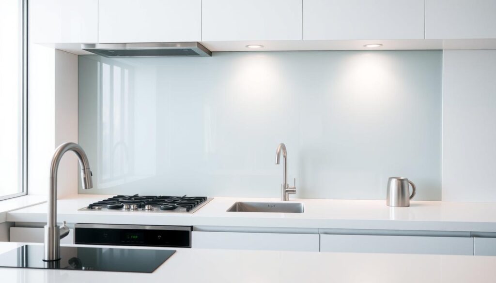 A modern kitchen with a sleek, tempered glass backsplash that extends from the countertop to the ceiling, providing a seamless, streamlined appearance. The glass surface has a subtle, matte finish that diffuses light beautifully, creating a warm, inviting ambiance. The backsplash spans the entire width of the kitchen, covering the area behind the stove, sink, and work surfaces, offering a practical, easy-to-clean surface that protects the walls from splashes and splatters. The glass backsplash is framed by minimalist, stainless steel fixtures and appliances, lending an air of modern sophistication to the space. Soft, indirect lighting highlights the clean, linear design, creating a harmonious and functional kitchen environment.