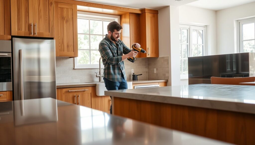 A modern kitchen with warm wooden cabinets and sleek appliances. In the foreground, a large, high-quality stainless steel spritzschutz is being carefully installed, its polished surface reflecting the overhead lighting. The spritzschutz is positioned against a tiled backsplash, creating a seamless and functional workspace. In the middle ground, a homeowner in casual clothes is seen securely fastening the spritzschutz to the wall using a power drill, their expression focused and determined. The background features a bright, airy room with large windows, allowing natural light to flood the space and create a sense of openness and ease. The overall scene conveys a feeling of effortless installation and a well-designed, high-quality kitchen renovation.