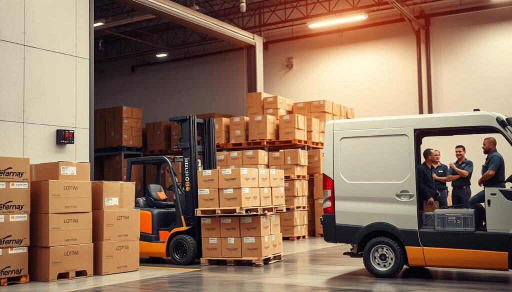 A modern logistics facility with a busy loading dock. In the foreground, a forklift truck carefully maneuvers a pallet of packages onto a waiting delivery van. Towering stacks of cardboard boxes and crates line the middle ground, while in the background, a team of uniformed workers oversee the efficient flow of goods. Bright, diffused lighting illuminates the scene, creating a sense of order and professionalism. The overall mood is one of organized productivity, reflecting the reliability and speed of the delivery service. The composition emphasizes the seamless integration of technology and human expertise to ensure a smooth, hassle-free shipping experience.