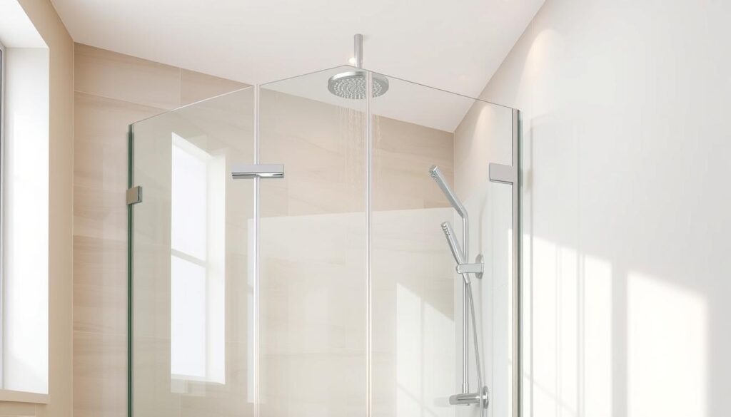 A modern, minimalist 90x90 cm shower enclosure stands in a beautifully tiled bathroom. The glass panels are seamlessly integrated, allowing natural light to flood the space. Sleek chrome hardware accents the clean lines, while a rainfall shower head creates a luxurious, spa-like experience. The enclosure is positioned against a neutral wall, allowing the focus to remain on its elegant design. Soft, diffused lighting from recessed ceiling fixtures casts a warm glow, evoking a sense of tranquility and relaxation. The overall atmosphere is one of sophisticated simplicity, perfectly suited for a personalized wellness oasis.