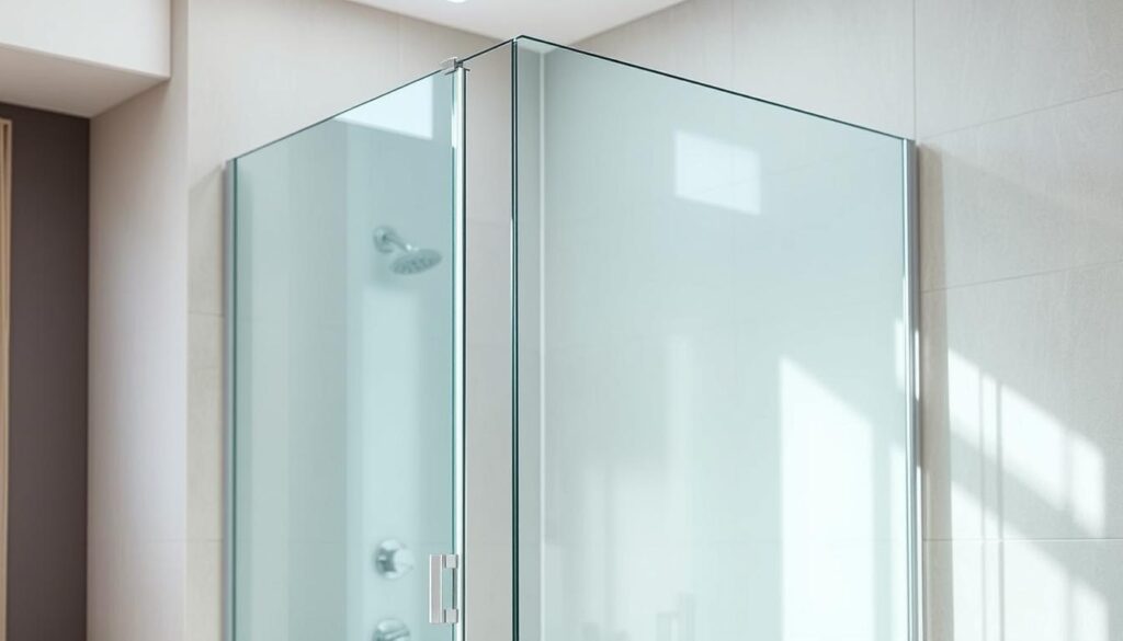 A modern, minimalist 90x90 shower enclosure made of clear, tempered safety glass. The sleek, frameless design features clean lines and a seamless, uninterrupted glass panel that extends from floor to ceiling. Bright, natural lighting fills the space, creating an airy, spa-like atmosphere. The glass surface reflects the room's surroundings, blending the enclosure harmoniously into the bathroom's decor. The enclosure's compact, square dimensions make it an ideal, space-saving solution for a variety of bathroom layouts. Subtle chrome hardware and fittings complement the glass, resulting in a cohesive, high-quality aesthetic.