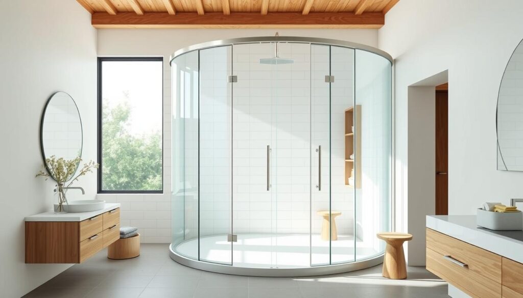 A modern, minimalist bathroom interior featuring a spacious, circular "radius 550 runddusche" shower enclosure as the focal point. The shower is constructed with sleek, frameless glass panels that let in ample natural light, creating a bright and airy atmosphere. The shower area is situated against a clean, white tile wall, complemented by warm-toned wooden vanity and accent pieces. Subtle lighting fixtures provide a soft, ambient glow, enhancing the spa-like ambiance. The camera angle captures the shower in profile, showcasing its elegant, curved design and seamless integration into the overall bathroom layout. The composition highlights the shower's practical functionality while emphasizing its aesthetic appeal as a modern design statement.