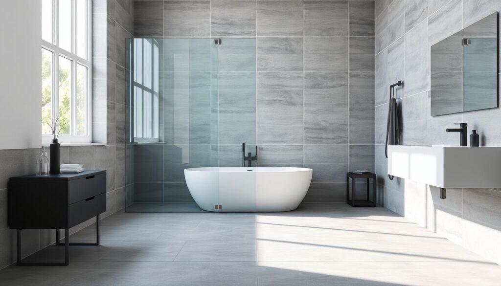 A modern, minimalist bathroom interior with a custom-made glass shower enclosure measuring 120-130 cm wide and 140 cm tall. The shower wall is made of high-quality, clear tempered glass panels, seamlessly integrated into the tiled walls. Natural light floods the space through a large window, creating a bright and airy atmosphere. The floor is covered in sleek, grey porcelain tiles, complemented by a freestanding bathtub and contemporary bathroom fixtures in matte black. The overall design exudes a sense of sophistication and functionality, perfectly suited for the section "Maße und Höhen: 120-130 × 140 cm und mehr".
