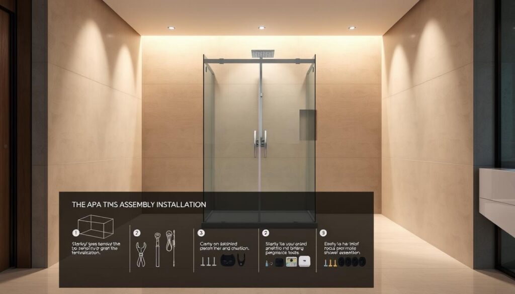 A modern, minimalist bathroom interior with a freestanding shower enclosure taking center stage. The sleek, frameless glass panels reflect the warm, indirect lighting, creating a sense of spaciousness and luxury. Smooth, polished tiles in neutral tones line the walls and floor, complementing the clean, streamlined design. In the foreground, a step-by-step assembly guide illustrates the easy installation process, with tools and components neatly arranged. The overall atmosphere conveys a spa-like ambiance, showcasing the effortless integration of the freestanding shower into the harmonious bathroom layout.