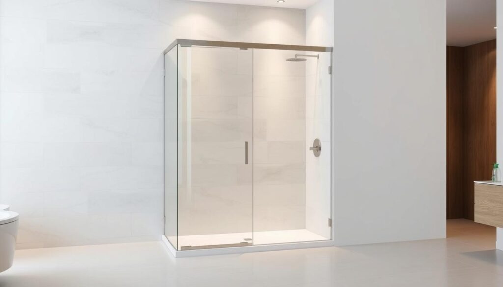A modern, minimalist bathroom interior with a sleek, frameless 90x90 shower enclosure made of clear tempered glass. The shower is positioned against a tiled wall with a neutral color palette, creating a clean, spa-like atmosphere. Soft, indirect lighting illuminates the space, casting a warm glow. The shower enclosure features a discreet, brushed metal frame, seamlessly blending into the overall design. The floor is covered in large, light-colored tiles, creating a harmonious and cohesive look. The bathroom vanity and fixtures complement the minimalist aesthetic, contributing to the sense of tranquility and relaxation.