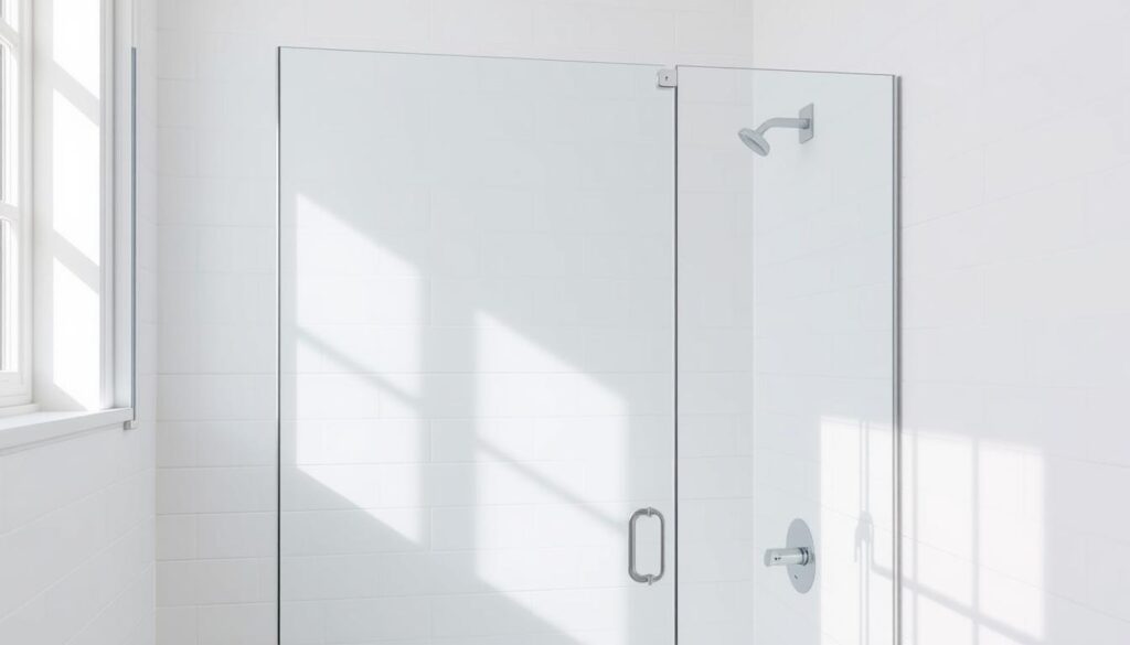 A modern, minimalist bathroom interior with a sleek frameless glass shower enclosure installed against a crisp white tiled wall. Soft, diffused natural light filters in, creating a serene and rejuvenating atmosphere. The shower wall is seamlessly integrated into the overall design, with a clean, uninterrupted surface that blends harmoniously with the surrounding tiles. Attention to detail is evident in the precise installation and the high-quality materials used. The overall effect is one of elegant simplicity, showcasing the effortless integration of the custom-made shower enclosure into the renovated bathroom space.