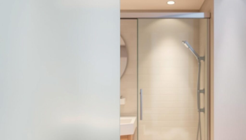 A modern, minimalist bathroom interior with a sleek glass sliding door. The foreground features a glass panel with a subtle matte finish, partially obscuring a vanity unit and sink. The middle ground showcases the sliding mechanism, with clean lines and a polished chrome frame. The background reveals a tiled wall in a neutral color palette, creating a sense of depth and highlighting the minimalist design. The lighting is soft and diffused, casting a warm, inviting glow throughout the space. The overall atmosphere conveys a serene, spa-like ambiance, emphasizing the elegance and affordability of the glass sliding door solution.