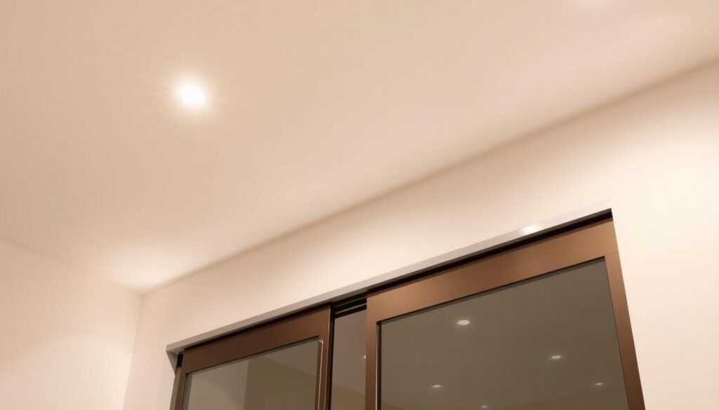 A modern, minimalist ceiling-mounted sliding door system, flush with the ceiling's surface, showcasing clean lines and a sleek, streamlined design. The door panels glide effortlessly, maximizing space and creating an open, airy feel. Subtle ambient lighting from above highlights the door's elegant simplicity, while a warm, neutral color palette and high-quality materials convey a sense of sophistication and refinement. The overall composition emphasizes the product's functionality, aesthetic appeal, and seamless integration into a contemporary living environment.
