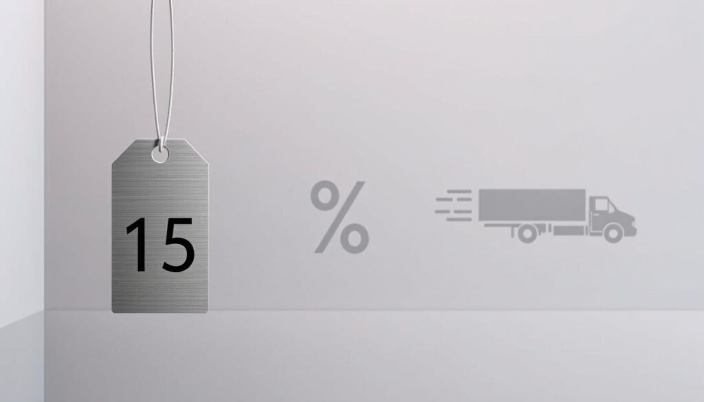 A modern, minimalist composition depicting the key elements of "Preis, Rabatt und Lieferzeit" for a custom 80x80 shower enclosure. In the foreground, a sleek, brushed steel price tag hovers, its digits rendered in a clean, sans-serif font. In the middle ground, a stylized discount icon - a bold, angular percentage symbol - casts a soft shadow. In the background, a delivery truck silhouette glides across a muted, gradient sky, suggesting the speed and efficiency of the shipping process. The overall mood is one of simplicity, precision, and professionalism, reflecting the subject's emphasis on smart planning for the bathroom renovation.