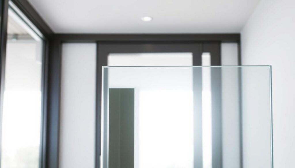 A modern, minimalist glass door installation showcasing its elegant design and seamless integration. The foreground features the glass panel with a clean, frameless silhouette, allowing the material's quality and craftsmanship to shine. In the middle ground, a sturdy, powder-coated metal door frame complements the glass, creating a harmonious and visually appealing ensemble. The background depicts a bright, airy interior space with natural lighting streaming in, highlighting the door's transparency and the overall sense of openness. The scene conveys a high-end, contemporary aesthetic suitable for a premium glass door solution.