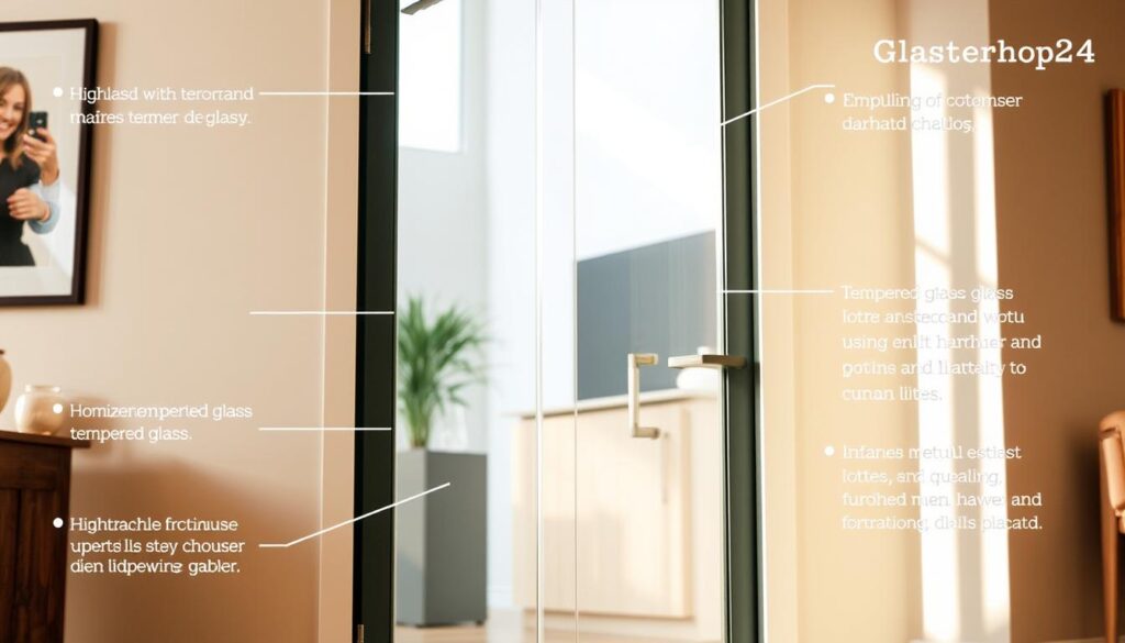 A modern, minimalist glass door showcasing the craftsmanship of Glastuerhop24. The door stands in a well-lit, airy interior space, its clean lines and transparent panels complementing the contemporary decor. High-quality materials, such as tempered glass and sturdy metal hardware, are prominently featured, highlighting the attention to detail and durability. The camera captures the door at a slight angle, allowing viewers to appreciate the depth and three-dimensionality of the design. Warm, natural lighting bathes the scene, creating a welcoming atmosphere and emphasizing the door's ability to seamlessly integrate with the surrounding environment.