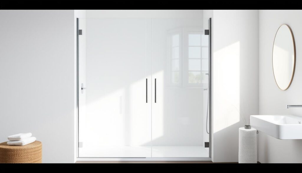 A modern, minimalist glass shower door with a sleek, frameless design, positioned in a well-lit, contemporary bathroom setting. The glass surface reflects the natural light, creating a sense of openness and airiness. The door's transparent, clean lines seamlessly integrate with the surroundings, showcasing its functionality and aesthetic appeal. The overall composition emphasizes the versatility and design flexibility of the "Glastür" in enhancing the visual appeal and functionality of a bathroom.