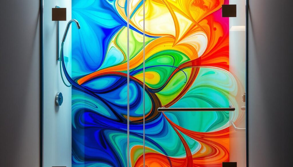 A modern, minimalist glass shower enclosure with a vibrant, abstract "farben" design. The glass panels are adorned with a bold, colorful pattern that dances across the surface, creating a mesmerizing visual effect. The pattern features a harmonious blend of bold, saturated hues - deep blues, vibrant greens, and rich oranges - that intertwine and overlap, creating a sense of depth and movement. The lighting casts a soft, diffused glow, highlighting the glass's translucency and the pattern's luminous quality. The overall aesthetic is sleek, sophisticated, and visually striking, perfectly complementing the contemporary bathroom setting.
