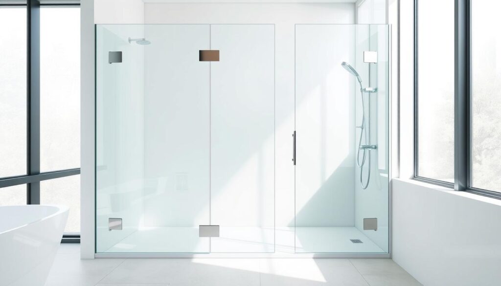 A modern, minimalist glass shower enclosure with clean lines and seamless design. Sleek tempered glass panels arranged in a rectangular configuration, meticulously custom-fitted to the bathroom's precise dimensions. Bright, diffused natural lighting from large windows bathes the scene in a soft, even glow. Smooth chrome fixtures and fittings complement the glassy aesthetic. Tiled floors in a neutral color palette create a harmonious, spa-like ambiance. The overall impression is one of luxurious simplicity, highlighting the craftsmanship and personalized nature of this bespoke shower solution.