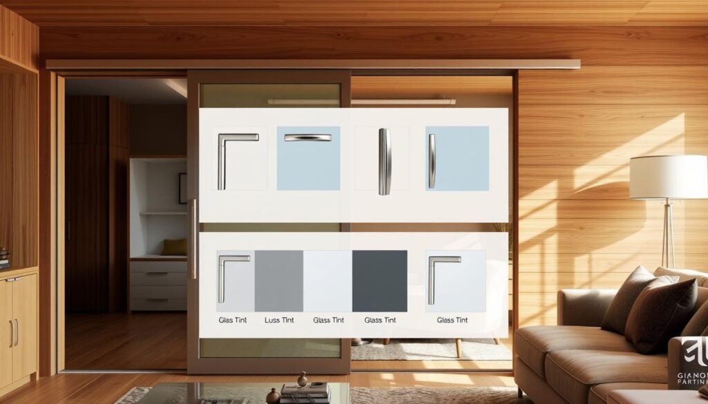 A modern, minimalist glass sliding door configuration system set against a warm, wood-paneled interior. The sliding door mechanism is sleek and seamless, with brushed metal hardware and a crystal-clear glass panel that allows natural light to flow through. The middle ground showcases a variety of customization options, such as different handle designs and glass tint levels. The background features a cozy, inviting living space with plush furniture and soft lighting, highlighting the integration of the bespoke sliding door into the overall aesthetic. The scene conveys a sense of high-end, tailored sophistication perfectly suited for a premium home environment.
