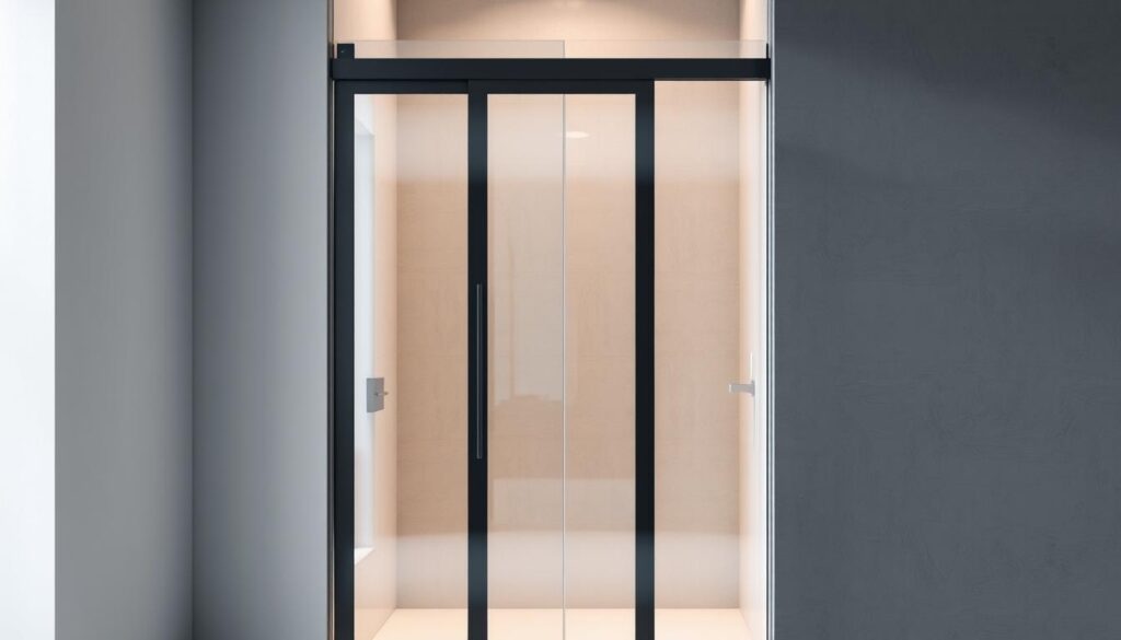 A modern, minimalist glass sliding door in a bathroom setting. The door is made of clear tempered glass, with a sleek metal frame in a matte black finish. The door is partially open, revealing a view of the bathroom tiles and fixtures. The lighting is soft and diffused, creating a warm and inviting atmosphere. The door is flanked by two walls, one in a neutral light gray and the other in a contrasting dark gray. The background features a subtle gradient, adding depth and a sense of spatial awareness. The overall composition emphasizes the clean lines, elegant simplicity, and versatile design of the sliding door solution.
