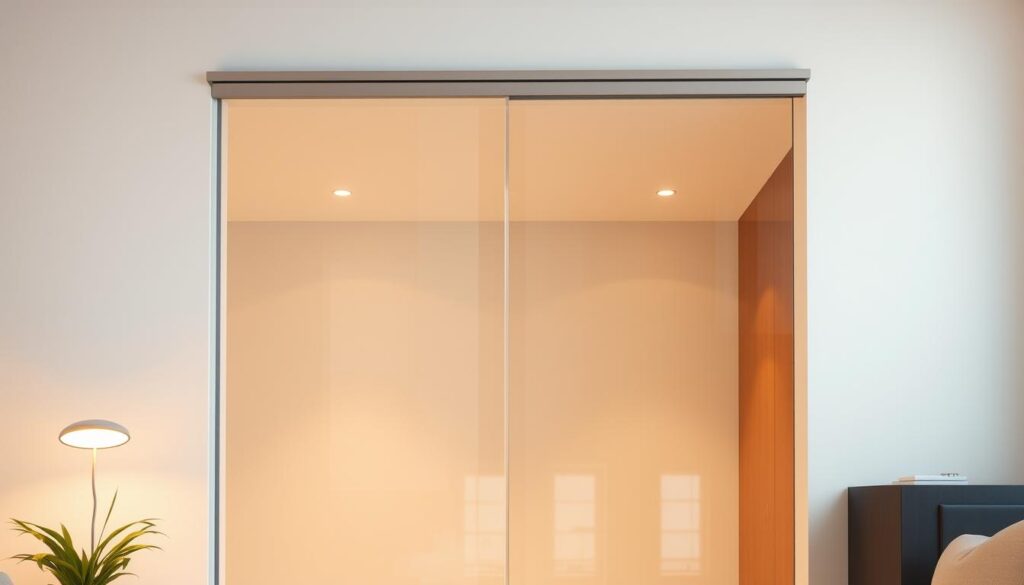 A modern, minimalist glass sliding door in a contemporary interior setting. The door is mounted on a sleek, suspended track system, allowing it to seamlessly glide open and closed. The glass panels are clean and flawless, reflecting the surrounding environment. Warm, diffused lighting illuminates the scene, creating a soft, inviting atmosphere. The door is situated in a bright, airy space, with a subtle, neutral color palette that enhances the simplicity and elegance of the design. The door functions as both a practical room divider and a visually stunning architectural feature, blending form and function effortlessly.