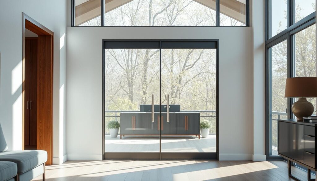 A modern, minimalist glass swing door in a well-lit, airy interior. The door's clean lines and transparent surface create a sense of openness and connectivity between spaces. Sunlight streams through large windows, casting a warm, natural glow throughout the room. The door's simple, elegant design is the focal point, showcasing its high-quality craftsmanship and functionality. The surrounding decor is minimal, allowing the door to take center stage. The overall atmosphere is one of sophistication, tranquility, and attention to detail, reflecting the premium quality of the featured glass swing door.