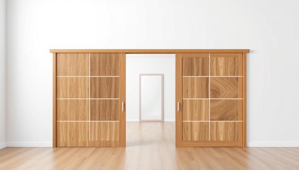 A modern, minimalist interface showcasing a wood sliding door configurator. In the foreground, a clean grid layout displays various wood grain textures and frame styles. The middle ground features a central 3D preview window, highlighting the customizable design elements. The background subtly fades into a soft, neutral color palette, allowing the configurator to take center stage. The lighting is soft and even, creating a refined, professional atmosphere. The camera angle is slightly elevated, providing an inviting, user-friendly perspective. Overall, the image conveys a sense of elegant simplicity, reflecting the personalized, high-quality nature of the wood sliding door products.