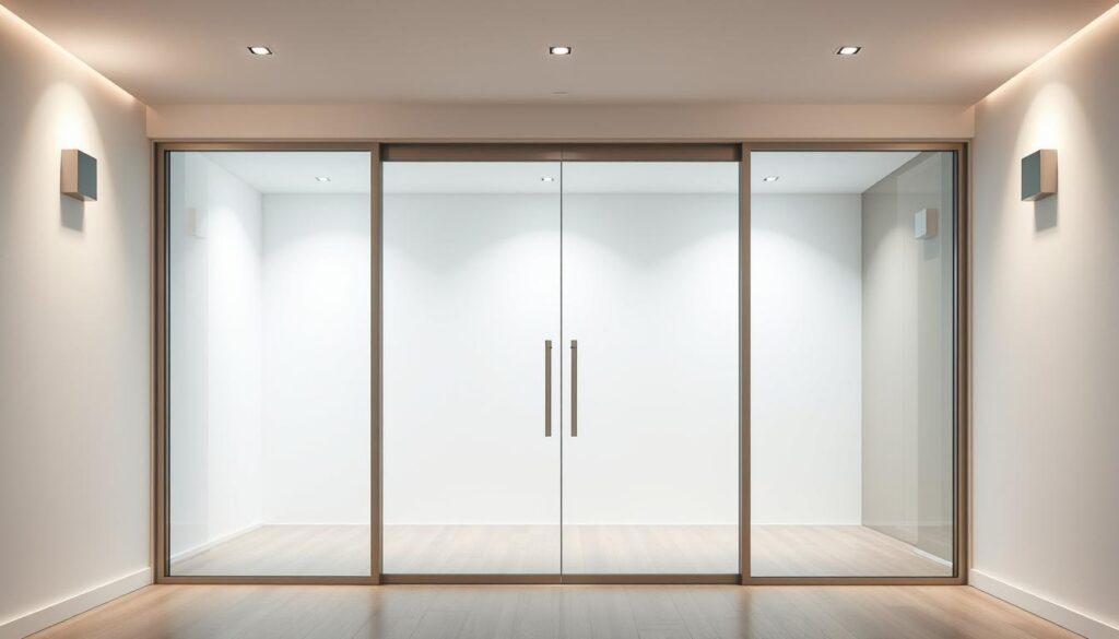 A modern, minimalist interior featuring a sleek, frameless glass sliding door that seamlessly blends with the surrounding walls. The door is constructed from high-quality, transparent tempered glass, offering a clear view and a sense of openness. Soft, diffused lighting from discreet fixtures illuminates the space, creating a warm and inviting ambiance. The door's smooth, effortless sliding mechanism allows for easy access, while its contemporary design complements the clean, elegant aesthetic of the room. The overall composition highlights the versatility and design flexibility of glass doors, showcasing their ability to enhance the visual appeal and functionality of any interior space.