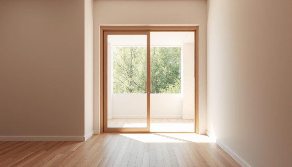 A modern, minimalist interior with a sleek, sliding glass door taking center stage. The door is framed by clean, light-colored walls, casting a soft, natural glow throughout the space. The door's tempered glass panels reflect the surrounding environment, creating a sense of openness and seamless transition between indoor and outdoor spaces. A neutral-toned, wood-paneled floor and a hint of warm, indirect lighting add to the overall cozy ambiance. The composition emphasizes the door's functionality and customizable nature, inviting the viewer to envision the possibilities of configuring and personalizing their own tailored sliding door solution.