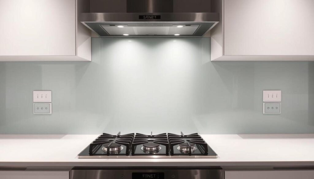 A modern, minimalist kitchen interior with a glass backsplash installed behind a gas stove and countertop. The backsplash has a sleek, seamless design, providing a heat-resistant barrier to protect the wall from splatter and high temperatures. Bright, even lighting illuminates the scene, highlighting the clean lines and high-quality materials used throughout the kitchen. The backsplash is the focal point, reflecting the light and creating a sense of depth and visual interest. The overall atmosphere is one of functionality, efficiency, and contemporary style.