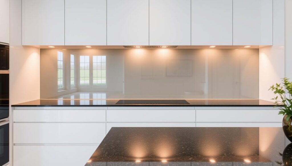 A modern, minimalist kitchen with a sleek glass backsplash serving as a custom-made splashguard. The glass panel reflects the warm, indirect lighting, creating a soft, even illumination throughout the space. The backsplash is seamlessly integrated, with clean lines and a polished, flawless finish. The kitchen countertop is a contrasting dark granite, complementing the light, airy feel of the glass panel. The overall scene conveys a sense of sophistication and attention to detail, showcasing the bespoke nature of the glass splashguard from Glastürhop24.