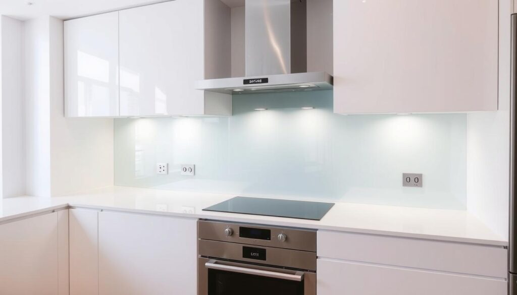 A modern, minimalist kitchen with a sleek glass backsplash, showcasing a seamless, reflective surface that extends from the countertop to the ceiling. The glass is tempered and has a subtle, frosted finish, creating a clean, contemporary look. The lighting is bright and even, highlighting the smooth, glossy texture of the backsplash. The kitchen is furnished with minimalist, white cabinetry and stainless steel appliances, complementing the modern aesthetic. The overall scene conveys a sense of sophistication and functionality, suitable for a high-end kitchen design.