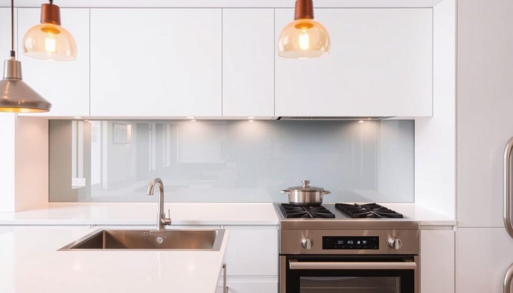 A modern, minimalist kitchen with a sleek glass splashback, capturing the essence of "Spritzschutz." The glass panel reflects the warm pendant lighting and gleaming stainless steel appliances, creating a seamless, high-end aesthetic. The smooth, transparent surface effortlessly protects the walls from splatters and stains, offering a practical and visually appealing solution. The kitchen exudes a sense of sophistication and clean lines, perfectly suited for the "Warum ein Spritzschutz aus Glas in der Küche die bessere Lösung ist" section of the article.