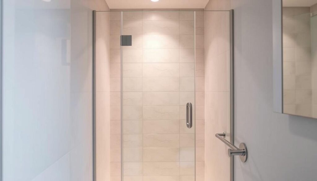 A modern, minimalist niche shower enclosure in a small bathroom. The sleek glass panel seamlessly integrates into the tiled wall, creating a clean, spacious feel. Soft, diffused lighting illuminates the alcove, highlighting the high-quality materials and meticulous craftsmanship. The layout is optimized for efficient use of limited floor space, with a practical, space-saving design. The overall atmosphere is serene, spa-like, and perfectly suited for a luxurious yet compact bathing experience.