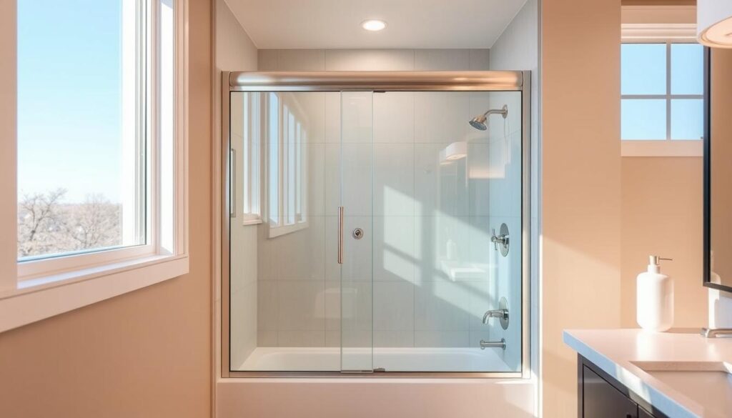 A modern, minimalist niche shower enclosure with a sleek, frameless glass door showcased in a warm, bright bathroom setting. The shower's recessed alcove is meticulously crafted to fit the space perfectly, with smooth, seamless edges and high-quality tempered glass panels that refract the natural light pouring in from large windows. The brushed nickel hardware and fixtures complement the clean, contemporary design, creating a cohesive, luxurious ambiance. Soft, indirect lighting illuminates the scene, highlighting the niche's precise dimensions and the elegant simplicity of the custom-fitted shower solution.