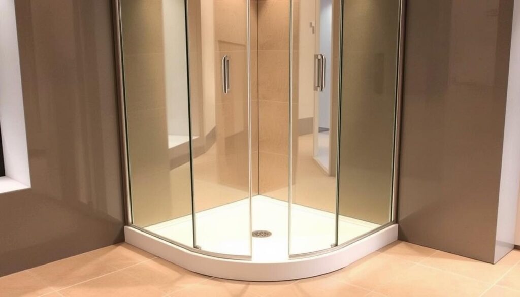 A modern, minimalist shower enclosure with a stylish eckeinstieg (corner entry) design. The shower cabin features sleek, tempered glass panels with a smooth, frameless profile, creating a seamless, spa-like aesthetic. The enclosure is bathed in warm, indirect lighting, accentuating the clean lines and high-quality materials. The smooth, tiled floor leads up to the low-profile threshold, allowing for easy, step-free access. The overall impression is one of simple elegance and luxurious functionality, perfectly suited for a contemporary bathroom or wellness space.