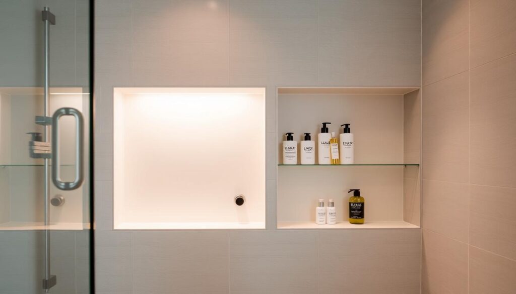 A modern, minimalist shower niche set against a sleek, tiled wall. The niche features clean lines and a recessed design, seamlessly integrated into the bathroom's architectural elements. Soft, diffused lighting casts a warm glow, creating a spa-like ambiance. The niche's shelves display an array of luxurious bath products, complementing the overall refined aesthetic. The scene is captured from a slightly elevated angle, emphasizing the niche's purposeful placement and clever integration within the larger shower enclosure. The resulting image conveys a sense of relaxation, sophistication, and thoughtful design.