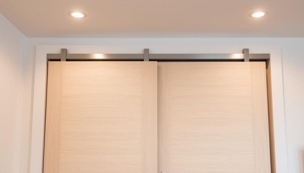 A modern, minimalist sliding door system with a clean, white wooden frame and sleek, brushed metal hardware. The door glides effortlessly on precision-engineered rails, creating a seamless, noiseless transition between rooms. Warm, diffused lighting from recessed fixtures casts a soft glow, highlighting the natural wood grain and accentuating the streamlined silhouette. The scene evokes a sense of understated elegance and functionality, perfectly suited for a contemporary living space.