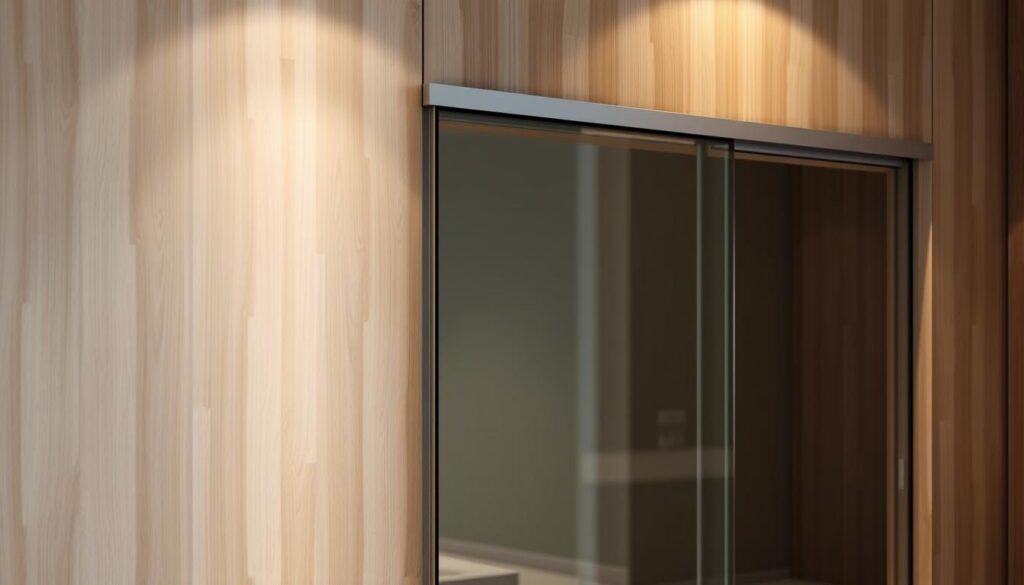 A modern, minimalist sliding glass door, perfectly aligned within a sleek, wood-paneled interior. Soft, diffused lighting illuminates the tempered glass panels, casting gentle shadows on the surrounding surfaces. The mechanism glides effortlessly, the door's track seamlessly integrated into the wall design. Every detail is precisely engineered for maximum functionality and visual appeal, creating a harmonious, high-quality focal point within the space. The overall atmosphere is one of understated elegance, where form and function converge to deliver a truly exceptional user experience.