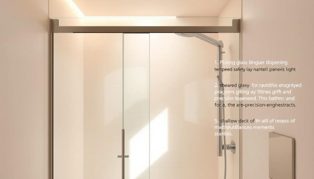 A modern, minimalist sliding glass door with a pivoting hinge mechanism, allowing for smooth, effortless movement and maximum space utilization in a compact bathroom. The door's sleek, frameless design features tempered safety glass panels that let in natural light, creating an airy, open feel. Subtle brushed metal hardware and fittings complement the contemporary aesthetic. The door glides seamlessly on precision-engineered tracks, providing a seamless transition between the shower and the rest of the bathroom. Soft, diffused lighting from above casts a warm, inviting glow, while the shallow depth of the recessed track ensures a flush, streamlined appearance. The overall impression is one of modern sophistication and thoughtful, space-saving design.