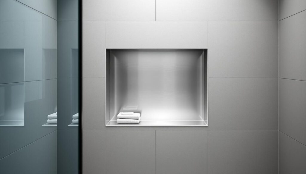 A modern, minimalist stainless steel recessed niche set against a smooth, tiled bathroom wall. The niche is sleek and understated, with clean lines and a polished metallic finish that catches the light. The recessed design allows for seamless integration into the wall, creating a streamlined, built-in appearance. The niche is large enough to accommodate various shower essentials, with ample space for soap, shampoo, and other personal items. The neutral color palette and high-quality materials evoke a sense of luxury and sophistication, perfectly complementing the high-end glass shower enclosure featured in the article.