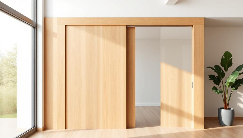 A modern, minimalist wooden sliding door set against a bright, airy interior. The door's smooth, seamless surface is crafted from natural, high-quality wood, its clean lines and simple silhouette blending effortlessly into the contemporary decor. Soft, diffused lighting filters in through large windows, creating a warm, inviting ambiance. The door glides open and closed on a concealed track system, preserving the clean, uncluttered aesthetic. Subtle textures and grains in the wood add visual interest, while the lack of visible hardware maintains a sleek, modern appearance. This versatile, space-saving design is the perfect solution for dividing and defining rooms in a stylish, functional way.