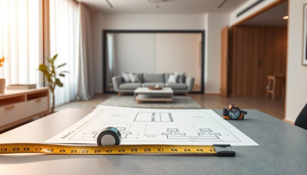 A modern, minimalist workspace with a focus on precise measurement and efficient assembly. In the foreground, a tape measure and a set of architectural drafting tools are neatly arranged on a sleek, gray workbench. The middle ground features a step-by-step diagram illustrating the installation process of a sliding door, with clean, technical illustrations. The background is a softly blurred, neutral-toned interior, highlighting the importance of careful planning and attention to detail in achieving the perfect fit for a living room sliding door solution. Warm, directional lighting casts subtle shadows, emphasizing the precision of the scene. The overall mood is one of professionalism, attention to detail, and a streamlined approach to home renovation.