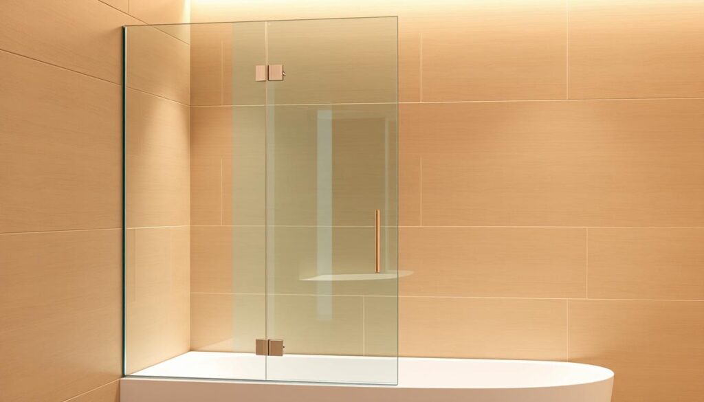 A modern, sleek glass shower enclosure seamlessly integrated with a stylish bathtub, set against a warm, minimalist tiled backdrop. The shower panel features clean lines and a frameless design, blending effortlessly with the contours of the bathtub. Soft, diffused lighting from above illuminates the space, creating a spa-like ambiance. The tiled wall, in a neutral palette, provides a harmonious foundation, allowing the shower-bathtub configuration to take center stage. Reflective surfaces and subtle textures add visual interest, while the overall composition conveys a sense of functional elegance and cohesive design.