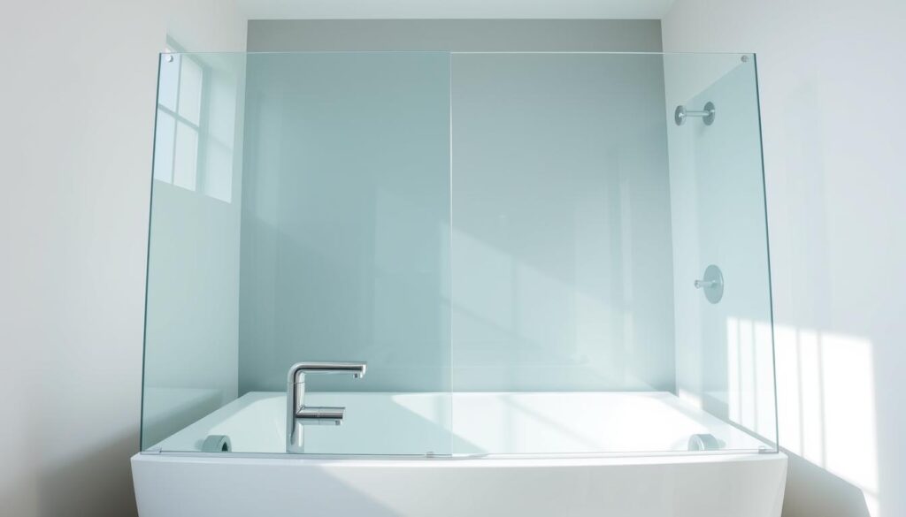 A modern, sleek glass shower enclosure standing atop a luxurious white bathtub. The seamless, frameless glass panels stretch from the tub's edge to the ceiling, creating a spacious, open feel. Soft, even lighting filters through the translucent glass, casting a serene, spa-like ambiance. The polished chrome faucet and hardware gleam, complementing the minimalist design. Angle the camera to showcase the clean lines and transparency of the glass, emphasizing how it integrates the shower and tub into a cohesive, high-end bathroom feature. Capture the premium quality and sophisticated style of this customizable glass shower-tub solution.