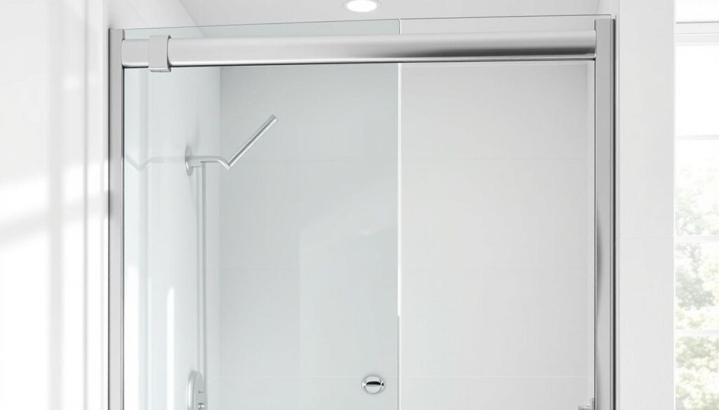 A modern, sleek glass shower enclosure with a clean, minimalist design. The frameless glass panels are mounted on a sturdy metal frame, creating a seamless, high-quality appearance. The glass is tempered for safety and features a discreet, easy-to-clean coating. The enclosure is set against a bright, airy bathroom interior with natural lighting streaming in, highlighting the transparency and reflective qualities of the glass. The overall look conveys a sense of luxury and sophistication, while remaining practical and budget-friendly. The composition emphasizes the premium craftsmanship and thoughtful design details that make this shower enclosure a versatile, cost-effective solution.