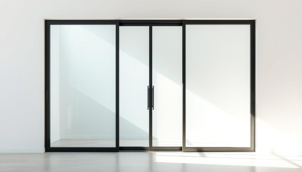 A modern, sleek glass sliding door set against a bright, airy interior. The door's clean lines and frameless design create an effortless, minimalist aesthetic. Sunlight streams through the transparent panels, casting a warm, inviting glow. The door appears seamlessly integrated into the surrounding architecture, blending form and function. A slight reflection in the glass adds depth and dimension, hinting at the open, expansive space beyond. The composition emphasizes the door's elegant simplicity and the harmonious integration of glass into the overall design. This image captures the essence of a customizable, high-quality glass sliding door solution that seamlessly enhances any living or working environment.