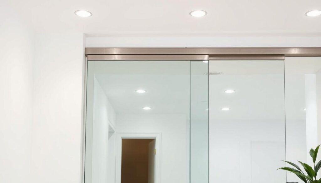 A modern, sleek glass sliding door with a minimalist design, framed in brushed stainless steel. The door glides effortlessly on a concealed track system, allowing for a seamless, clutter-free transition between rooms. Soft, diffused lighting from recessed ceiling fixtures gently illuminates the tempered glass panel, highlighting its crystal-clear transparency. The door is set against a backdrop of crisp, white walls, creating a bright, airy ambiance. The overall composition exudes a sense of sophistication and contemporary elegance, perfectly suited for a high-end residential or commercial space.