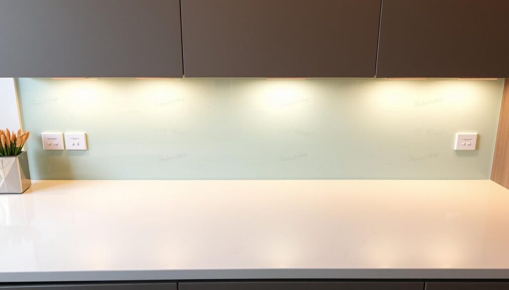 A modern, sleek kitchen backsplash, made of tempered glass, spanning the entire width of the countertop. The glass surface reflects the warm, ambient lighting, creating a soft, inviting glow. The backsplash features a minimalist, seamless design, blending effortlessly with the existing tile work beneath. Subtle textures and patterns within the glass add depth and visual interest, complementing the overall kitchen aesthetic. The backsplash appears to be installed with precision, creating a clean, flush transition between the countertop and the wall. The entire scene is captured in a wide, high-angle shot, showcasing the backsplash's elegant integration within the kitchen interior.